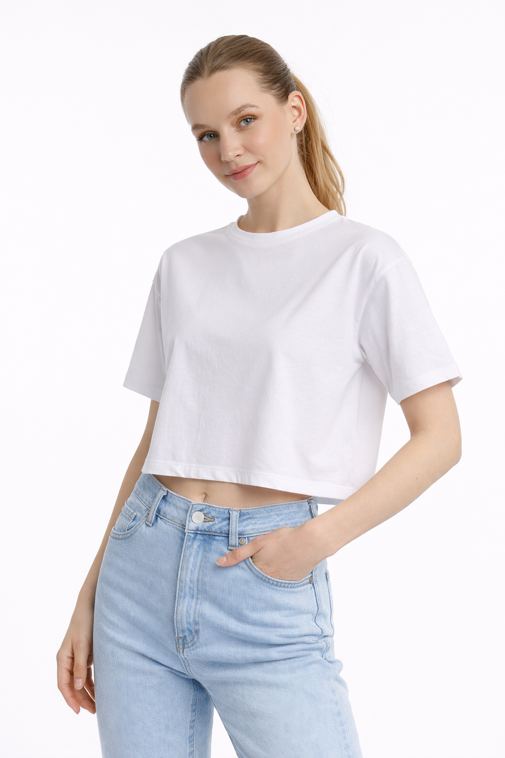 Kadin Oversize Fit Crop Tişört Beyaz