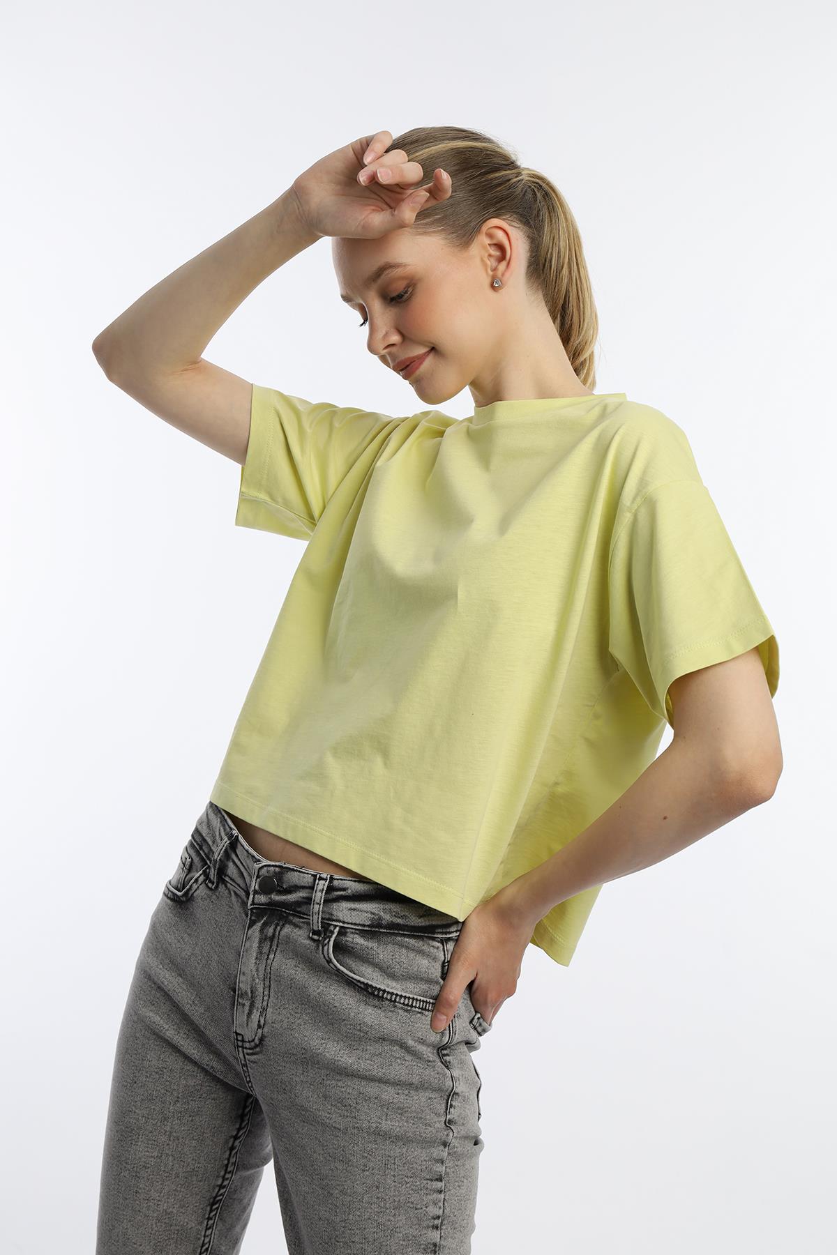 Kadin Oversize Fit Crop Tişört Sarı
