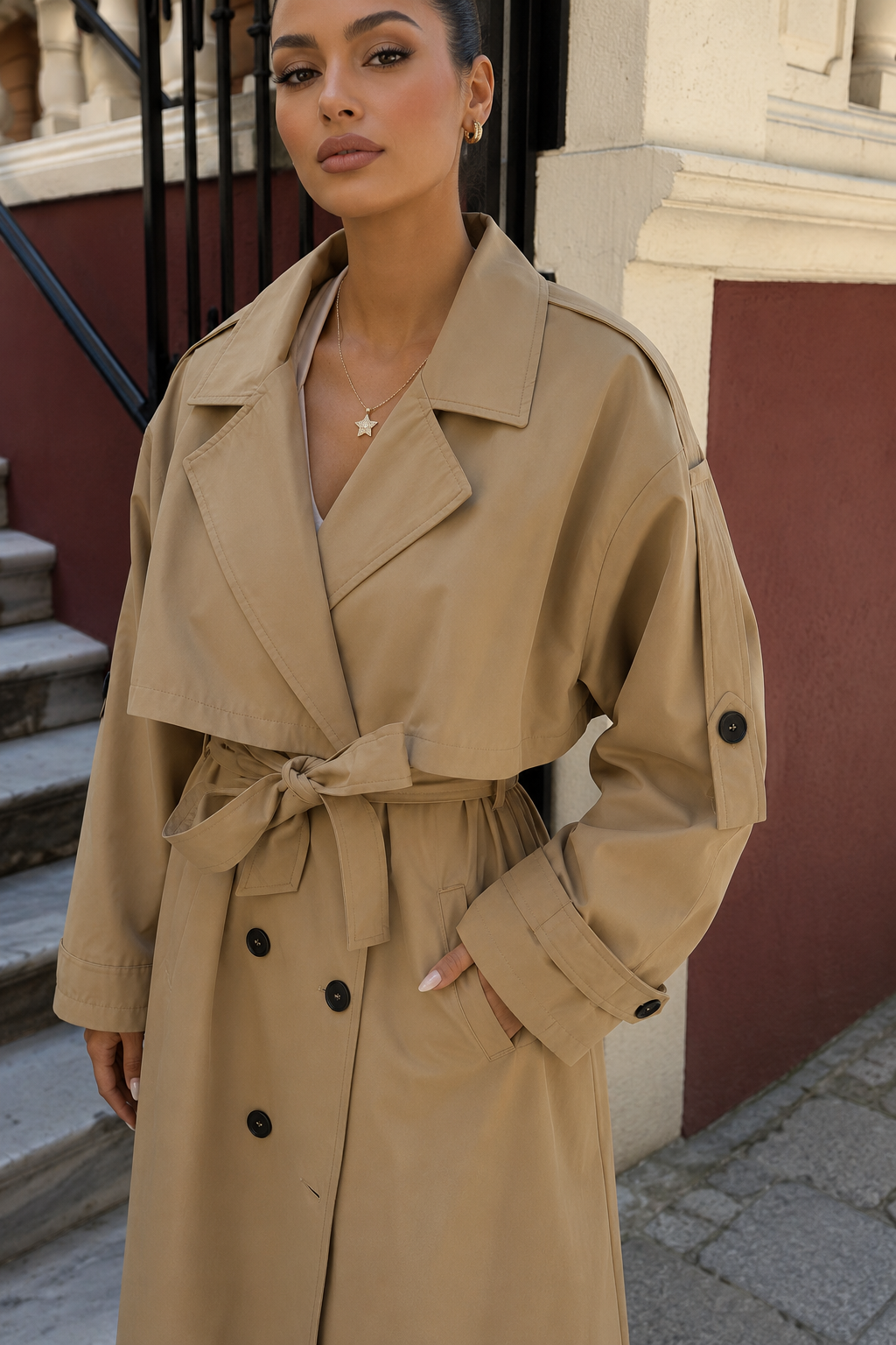 Kadın Oversize Kemerli Uzun Trençkot - Bej