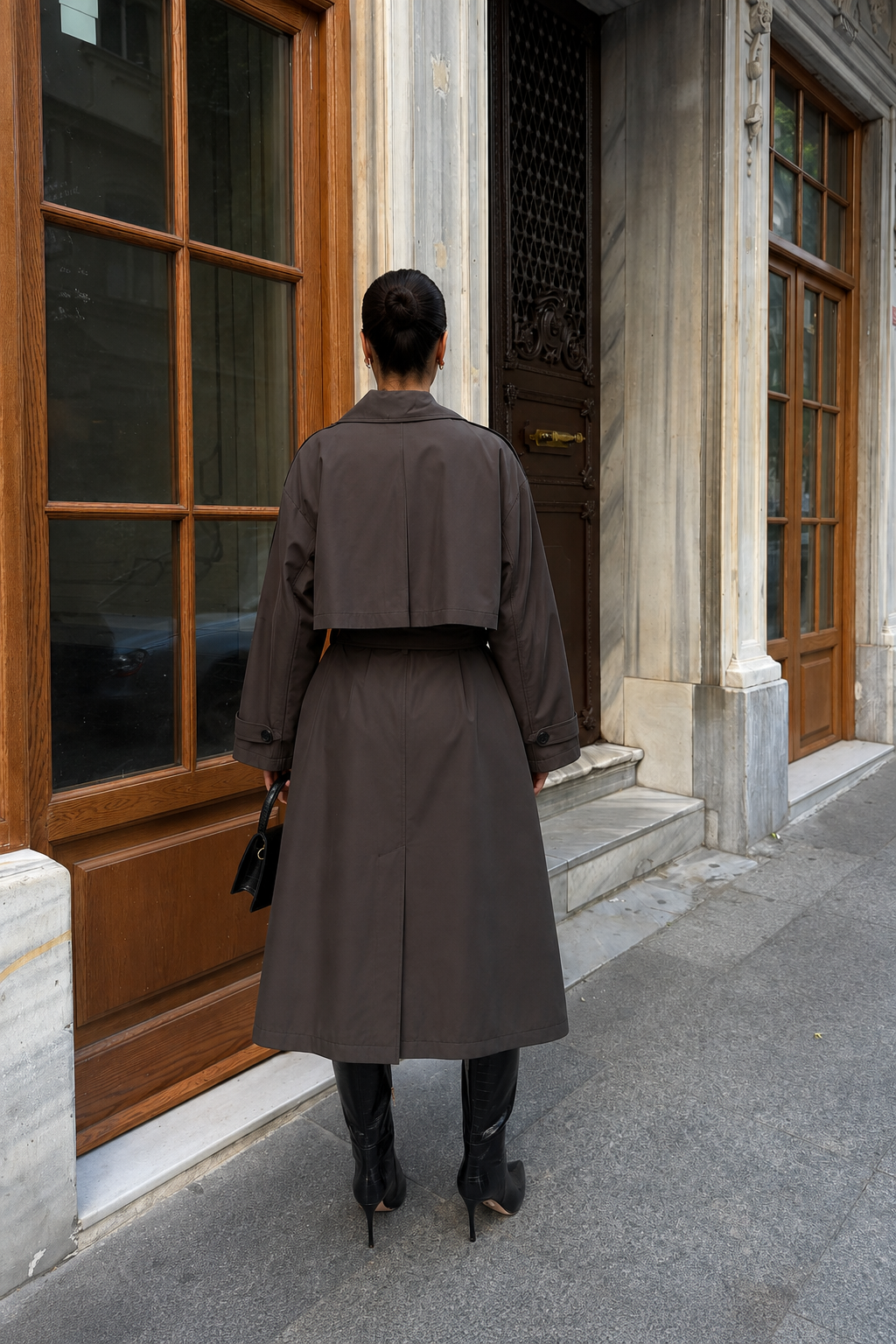 Kadın Oversize Kemerli Uzun Trençkot - Kahve