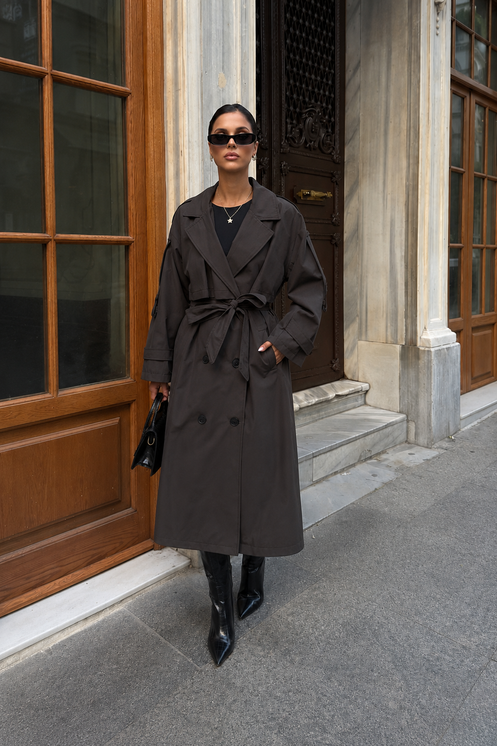 Kadın Oversize Kemerli Uzun Trençkot - Kahve