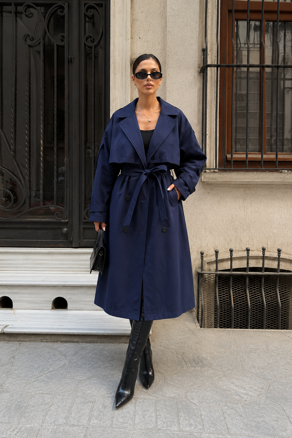 Kadın Oversize Kemerli Uzun Trençkot - Lacivert