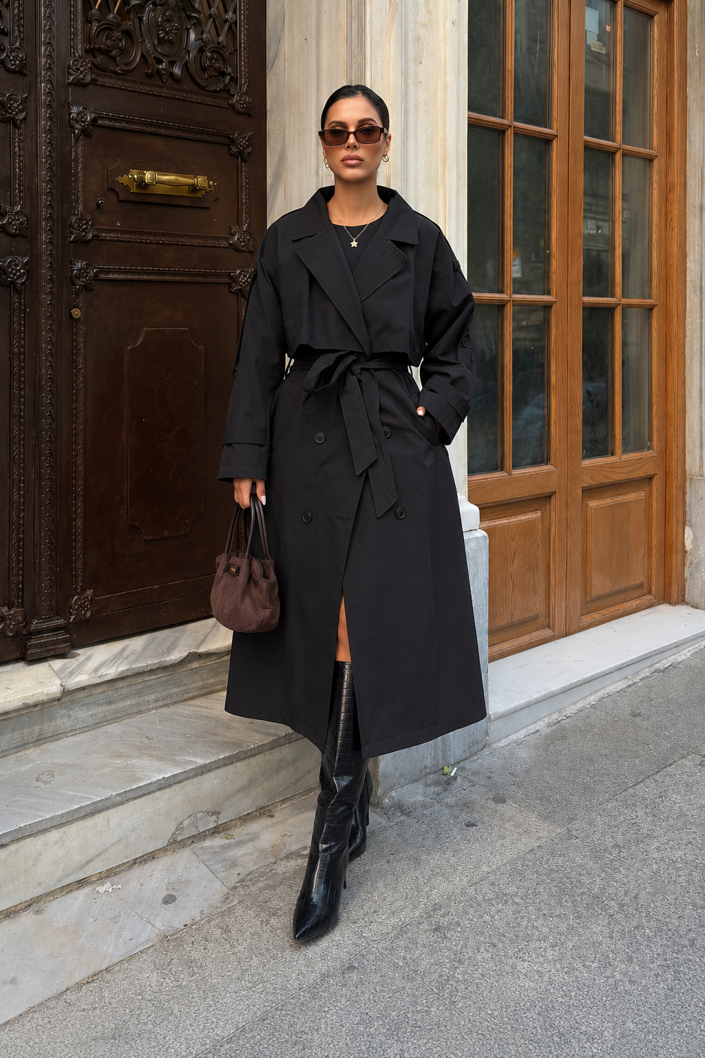 Kadın Oversize Kemerli Uzun Trençkot - Siyah