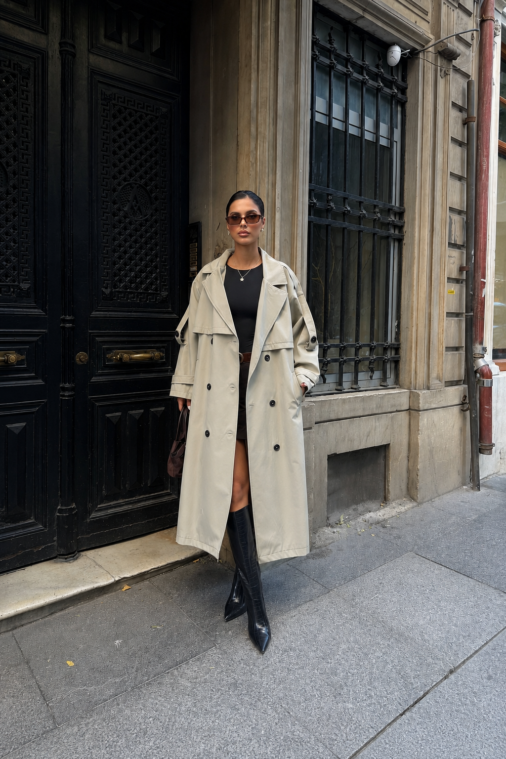 Kadın Oversize Kemerli Uzun Trençkot - Taş