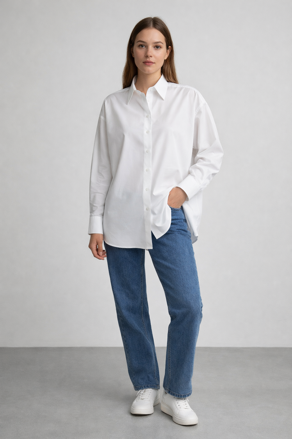Kadın Oversize Uzun Kollu %100 Pamuk Basic Beyaz Gömlek