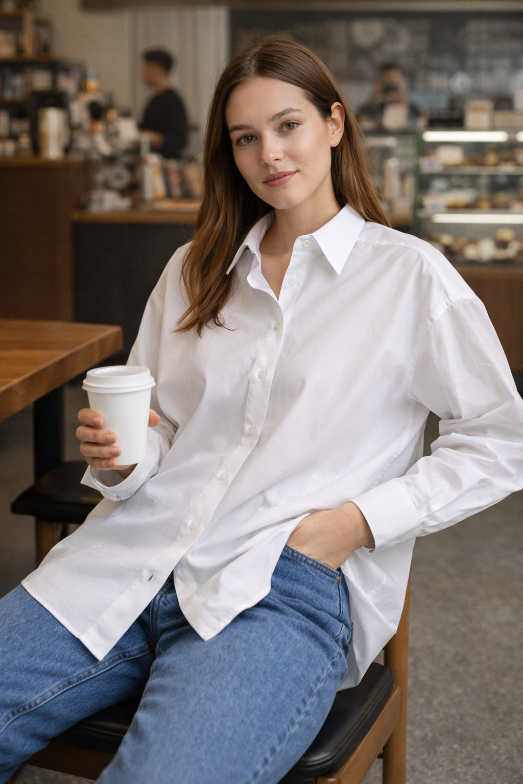 Kadın Oversize Uzun Kollu %100 Pamuk Basic Beyaz Gömlek
