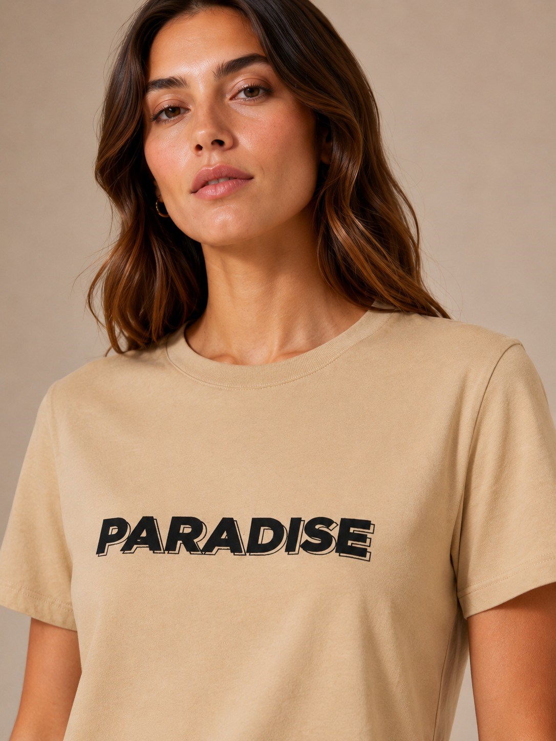Kadın Paradise Baskılı Bisiklet Yaka Bej Tişört