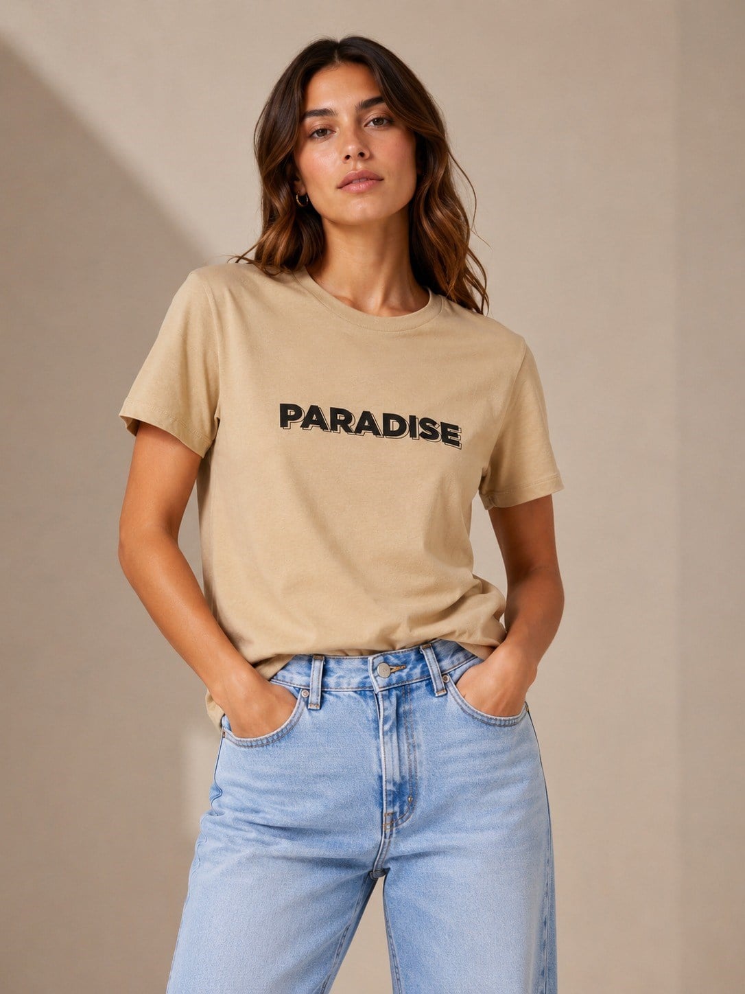 Kadın Paradise Baskılı Bisiklet Yaka Bej Tişört