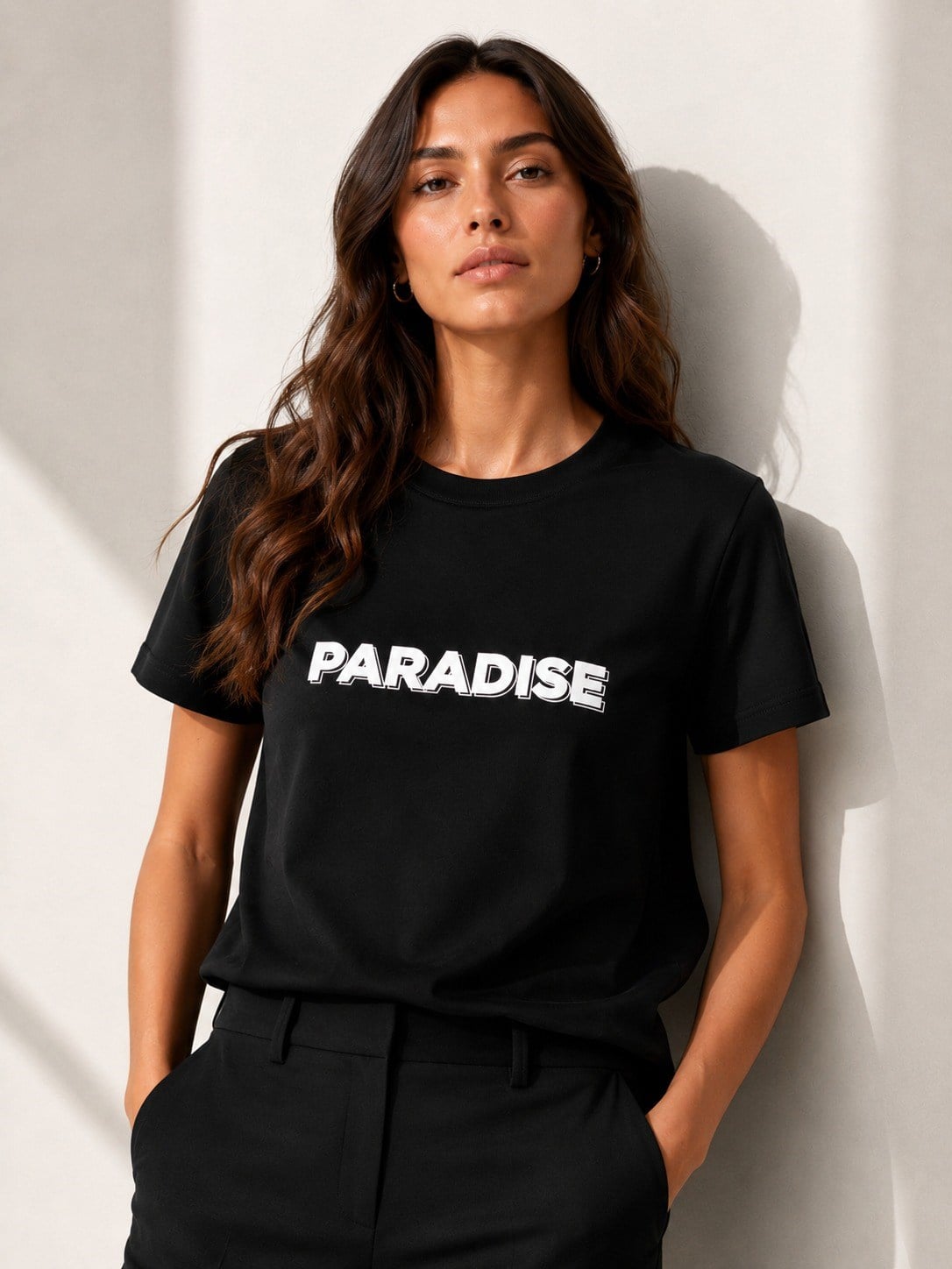 Kadın Paradise Baskılı Bisiklet Yaka Siyah Tişört