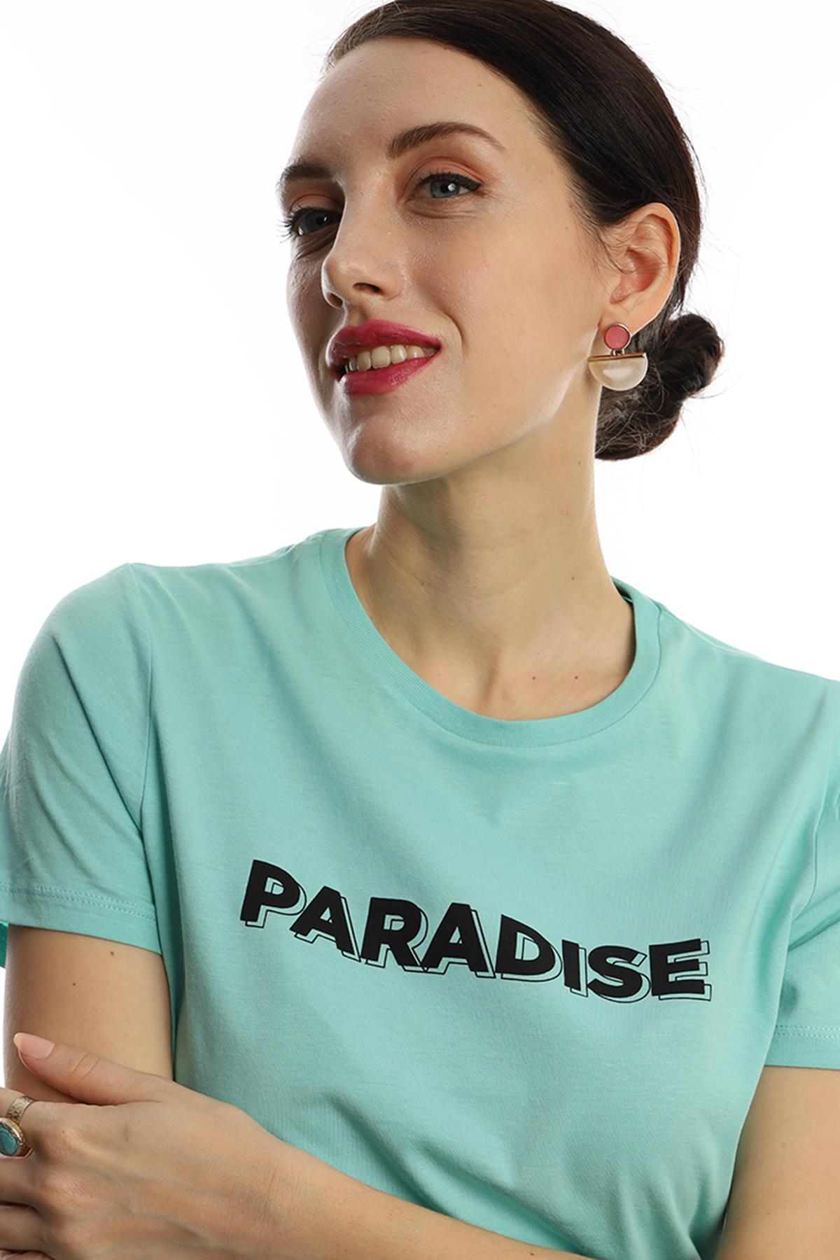 Kadın Bisiklet Yaka Paradise Baskılı Regular Fit Tişört Turkuaz Kadın Bisiklet Yaka Paradise Baskılı Regular Fit Tişört Turkuaz