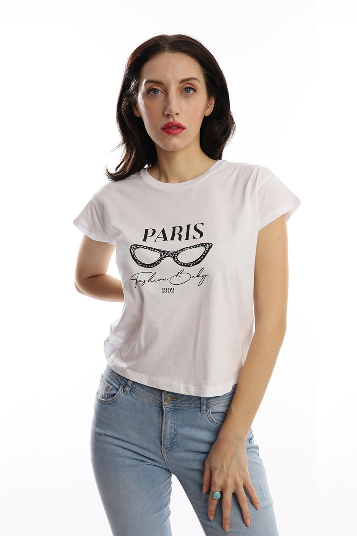 Kadın Paris Yazı Baskılı Crop Tişört Beyaz