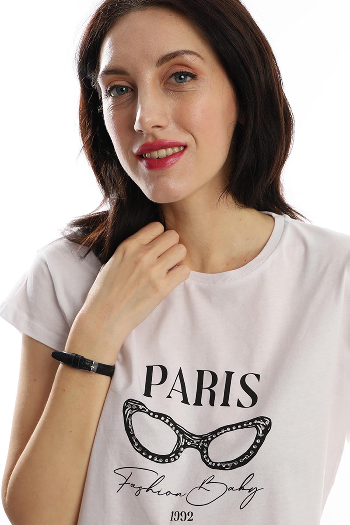 Kadın Paris Yazı Baskılı Crop Tişört Beyaz