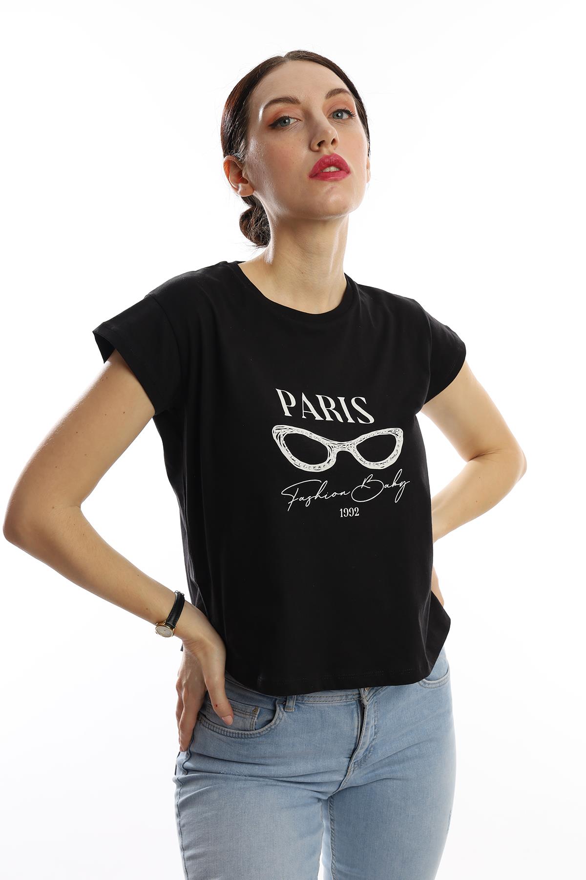 Kadın Paris Yazı Baskılı Crop Tişört Siyah
