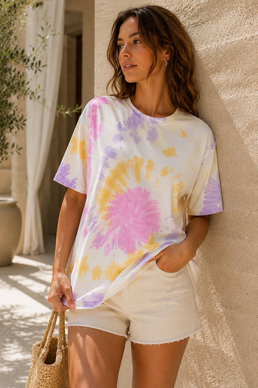 Kadın Pembe Lila Sarı Batik Desenli Oversize T-Shirt