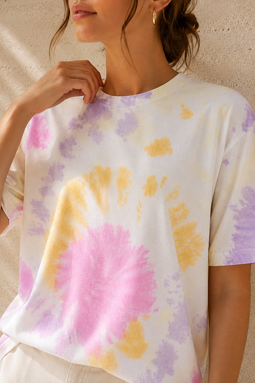 Kadın Pembe Lila Sarı Batik Desenli Oversize T-Shirt