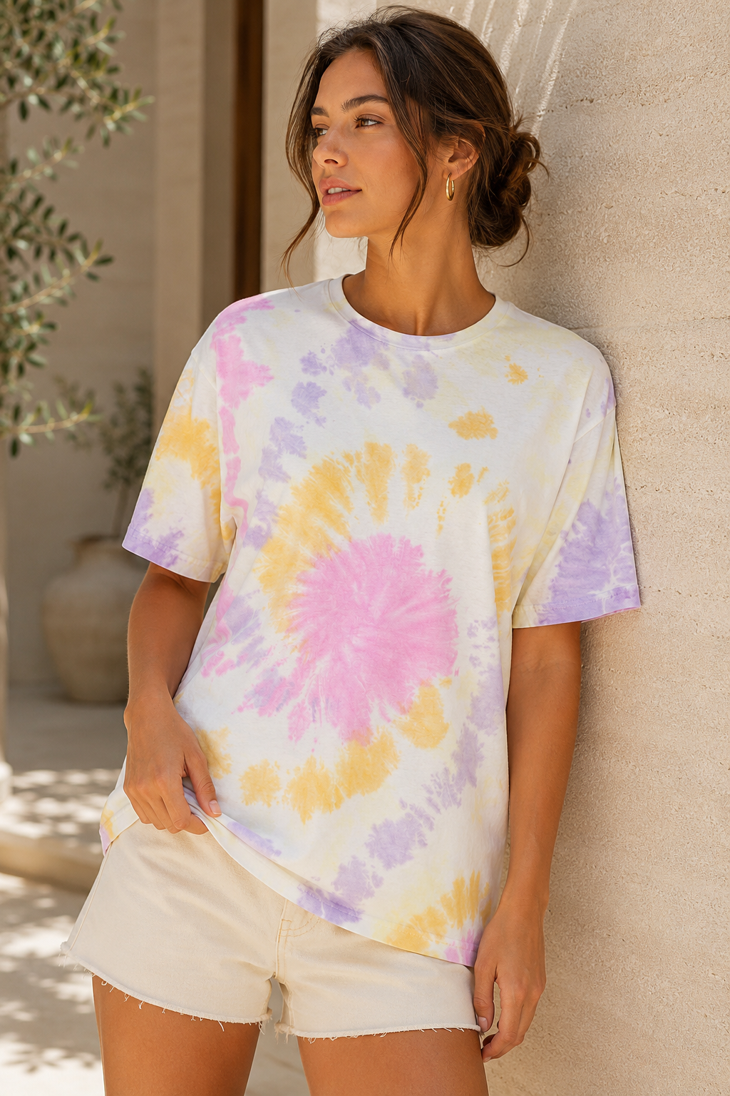 Kadın Pembe Lila Sarı Batik Desenli Oversize T-Shirt