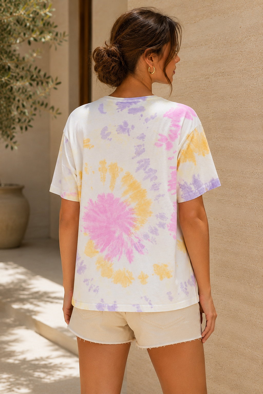 Kadın Pembe Lila Sarı Batik Desenli Oversize T-Shirt