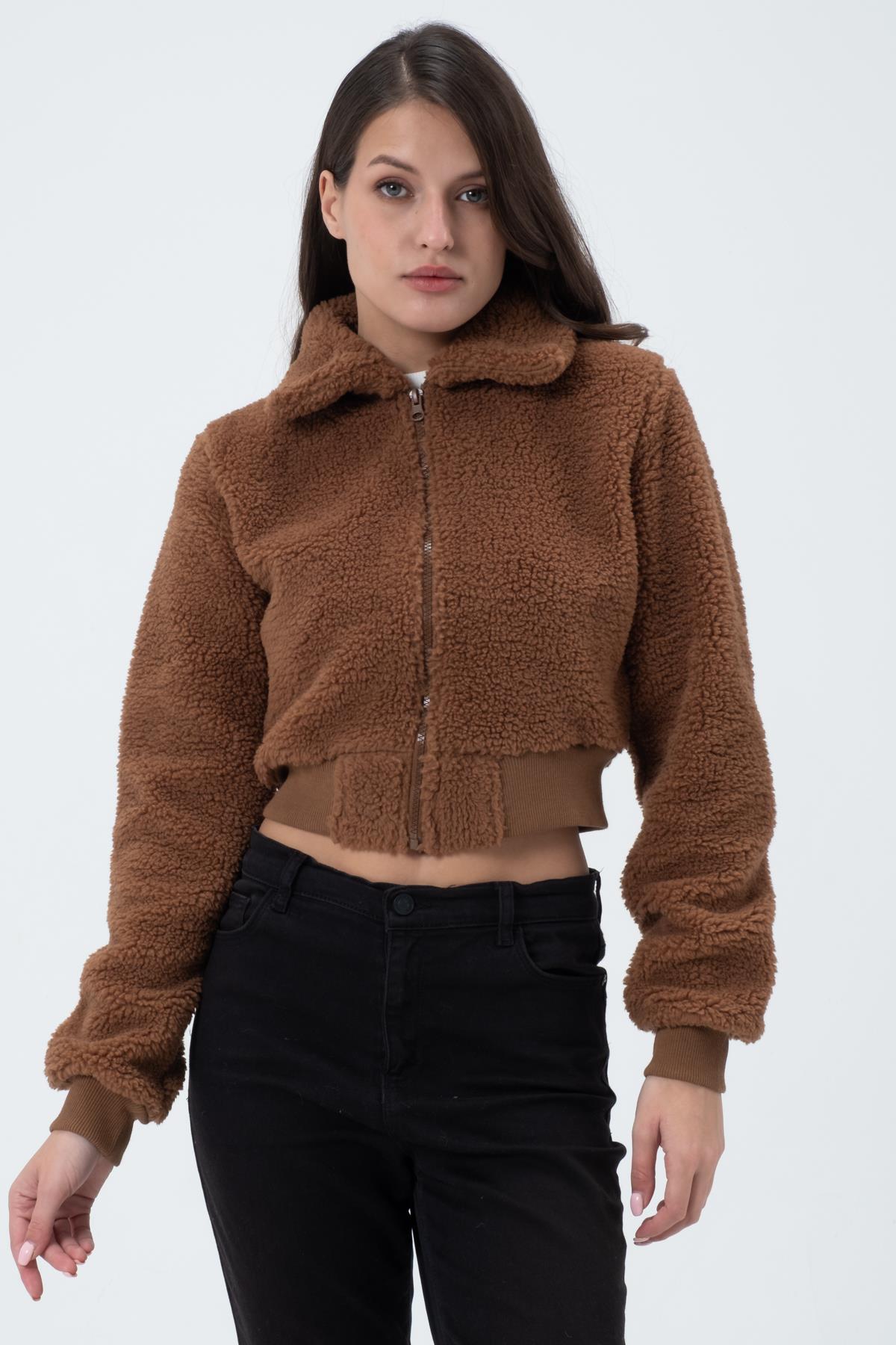 Kadın Fermuarlı Kısa Polar Ceket & Mont Kahverengi