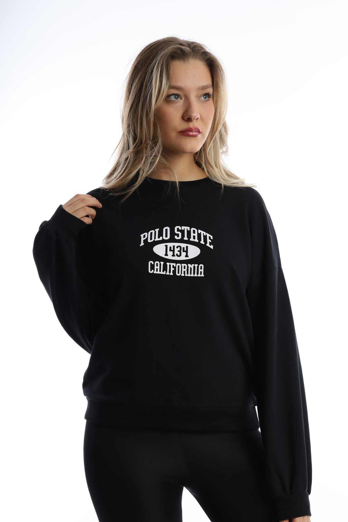 Kadın Polo State Baskılı 3 İplik Sweat Siyah