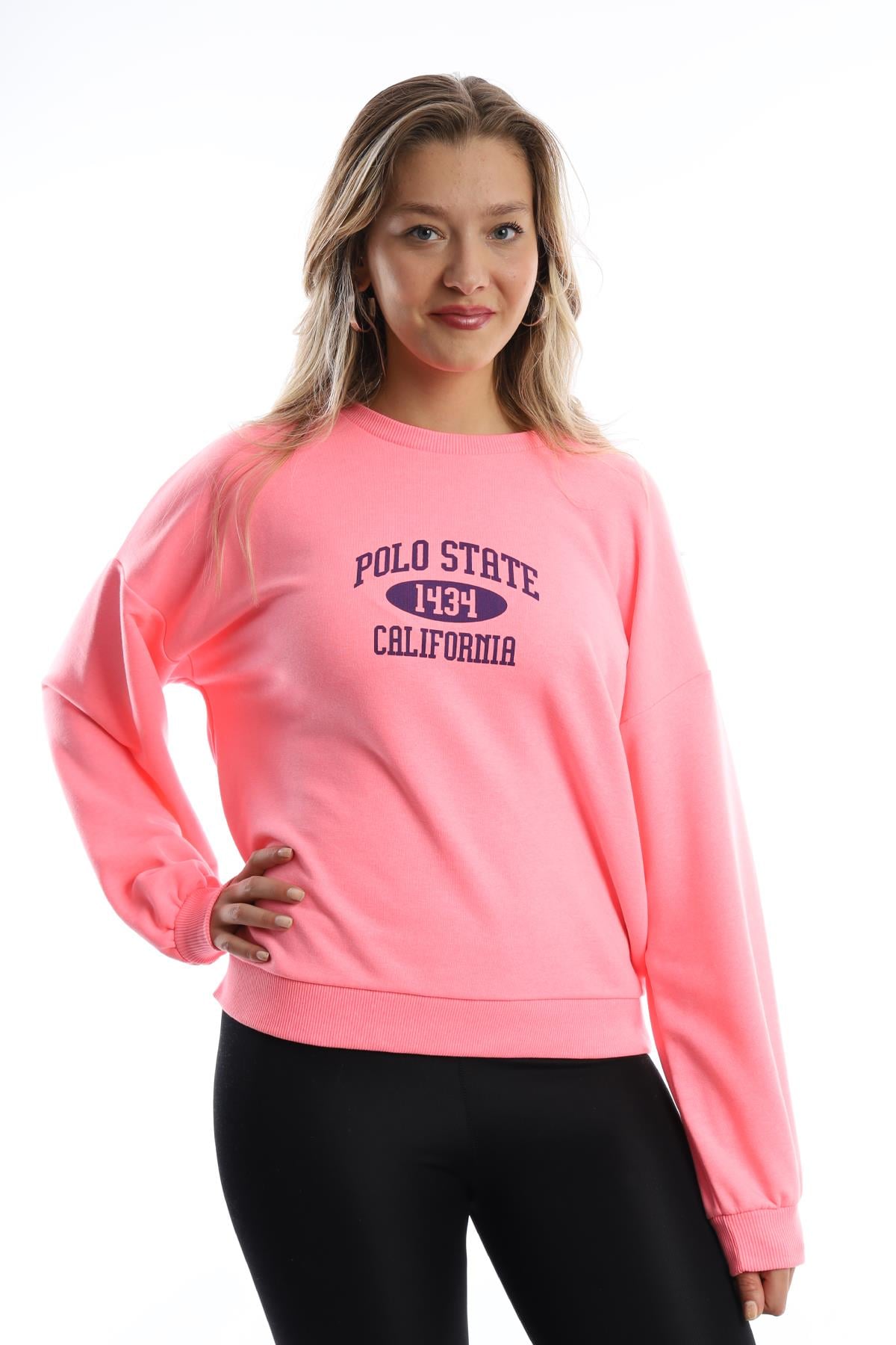 Kadın Polo State Baskılı 3 İplik Sweat  Neon Pembe