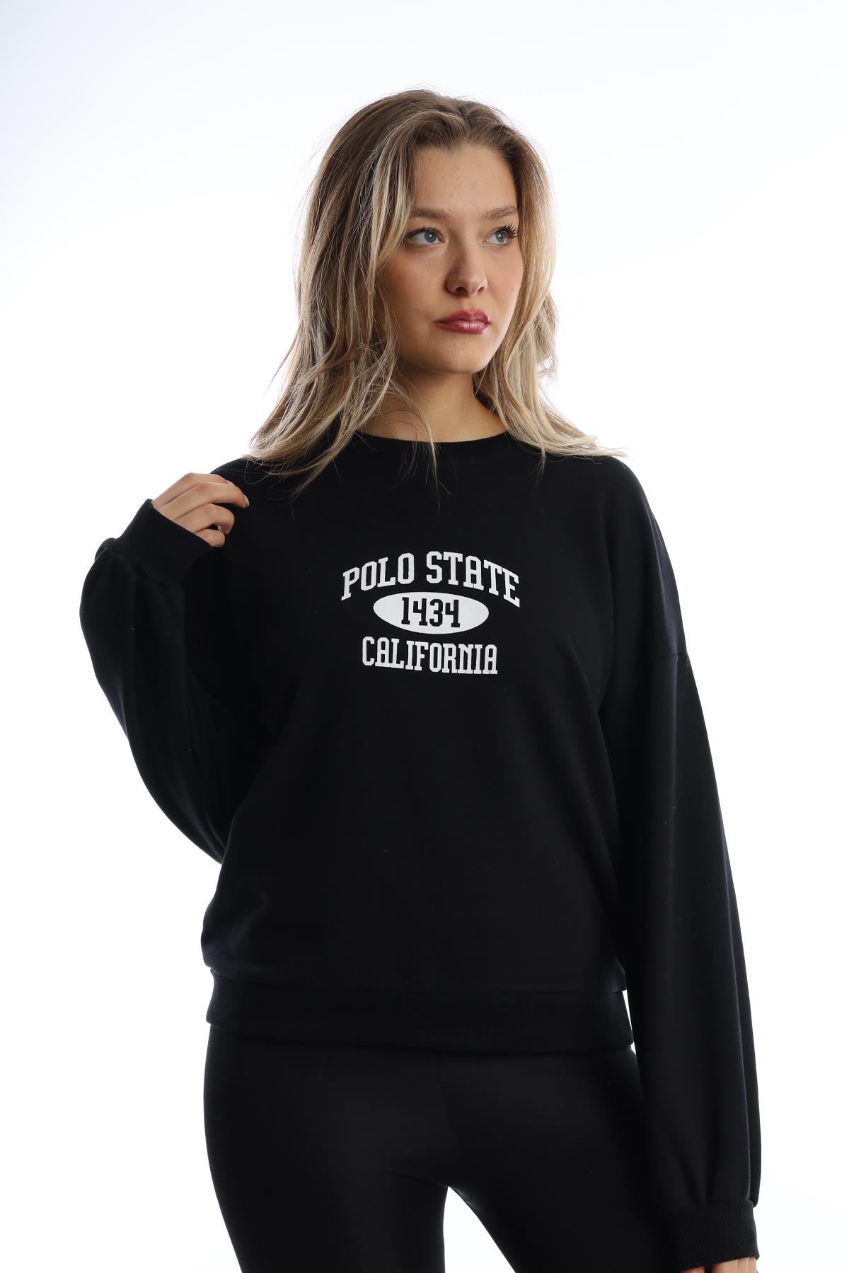 Kadın Polo State Baskılı 3 İplik Sweat Siyah