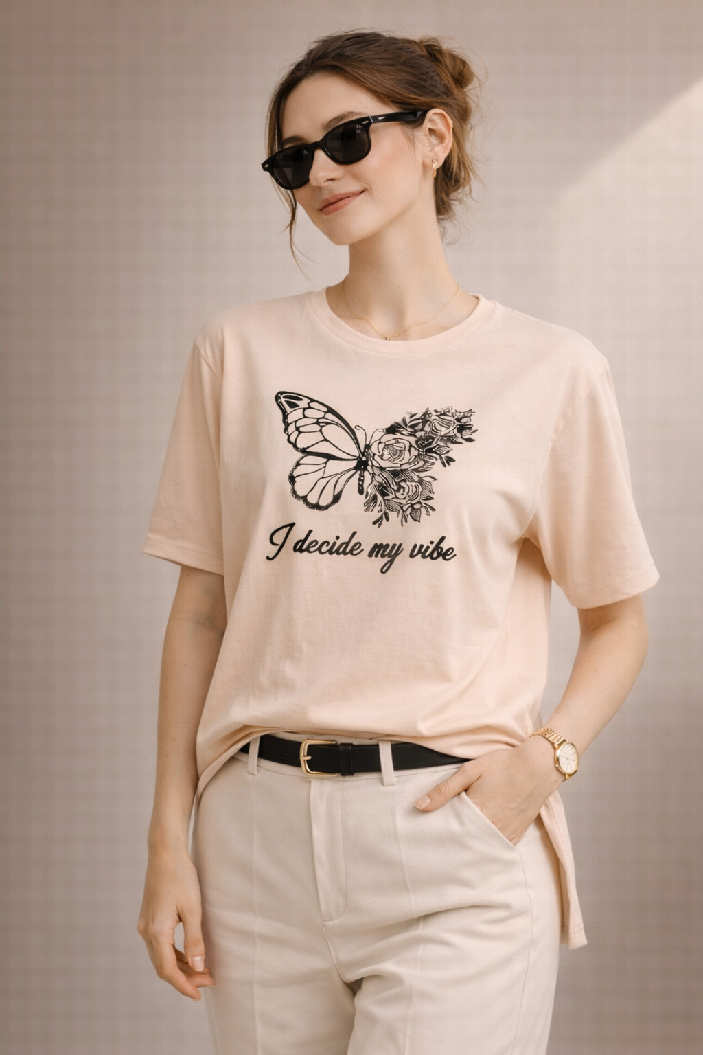 Kadın Regular Baskılı Bej Tişört Pamuklu Rahat Kesim Günlük Şık T-Shirt