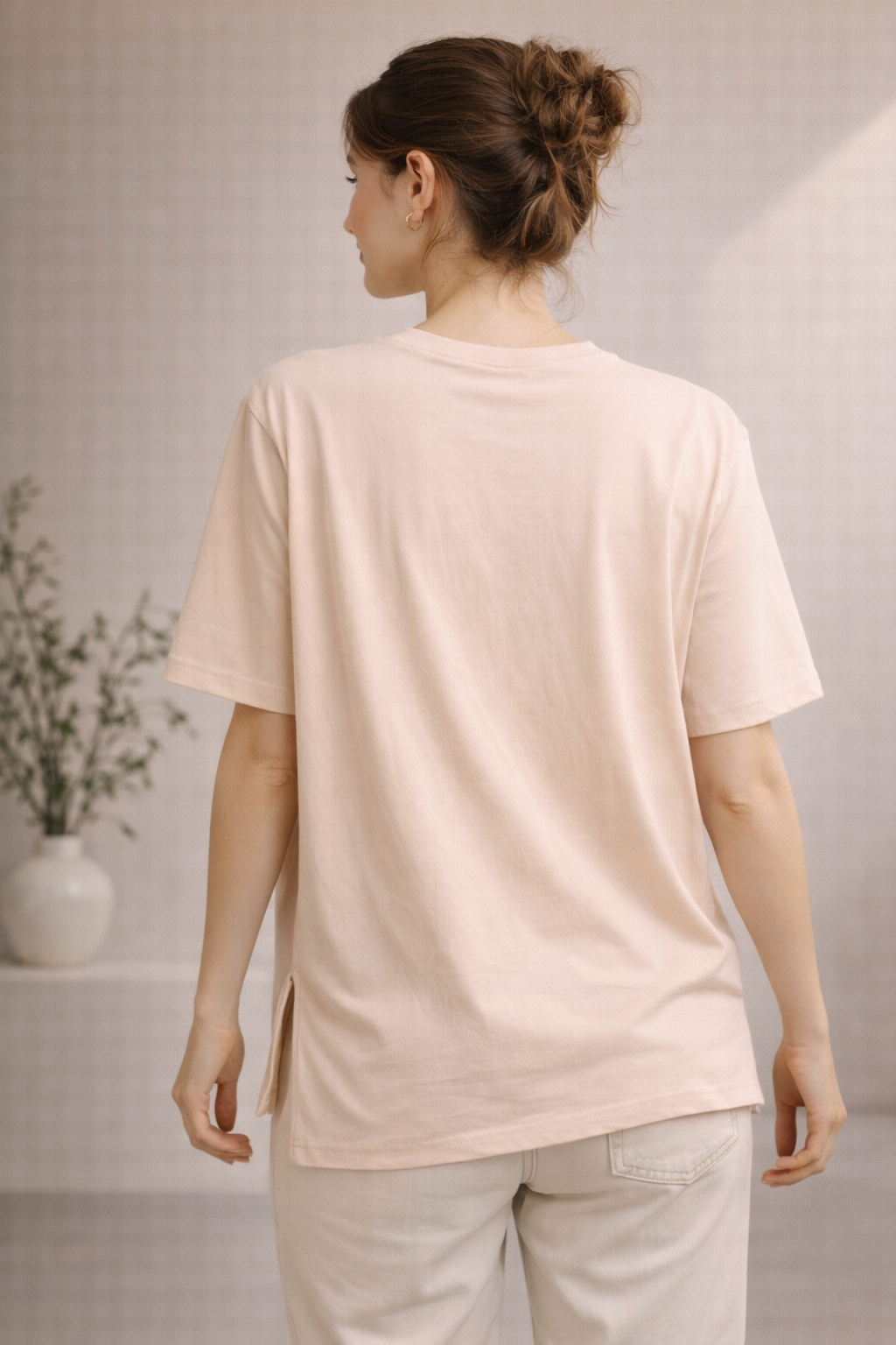 Kadın Regular Baskılı Bej Tişört Pamuklu Rahat Kesim Günlük Şık T-Shirt