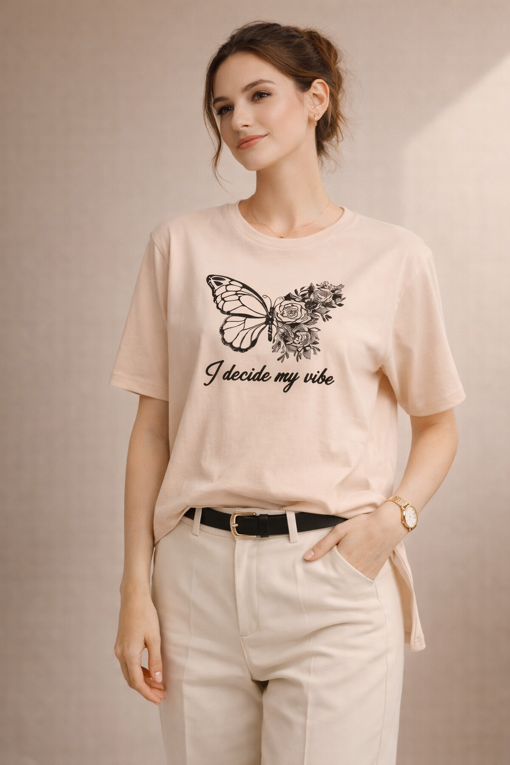 Kadın Regular Baskılı Bej Tişört Pamuklu Rahat Kesim Günlük Şık T-Shirt