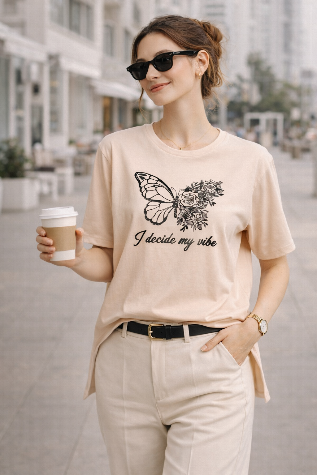 Kadın Regular Baskılı Bej Tişört Pamuklu Rahat Kesim Günlük Şık T-Shirt