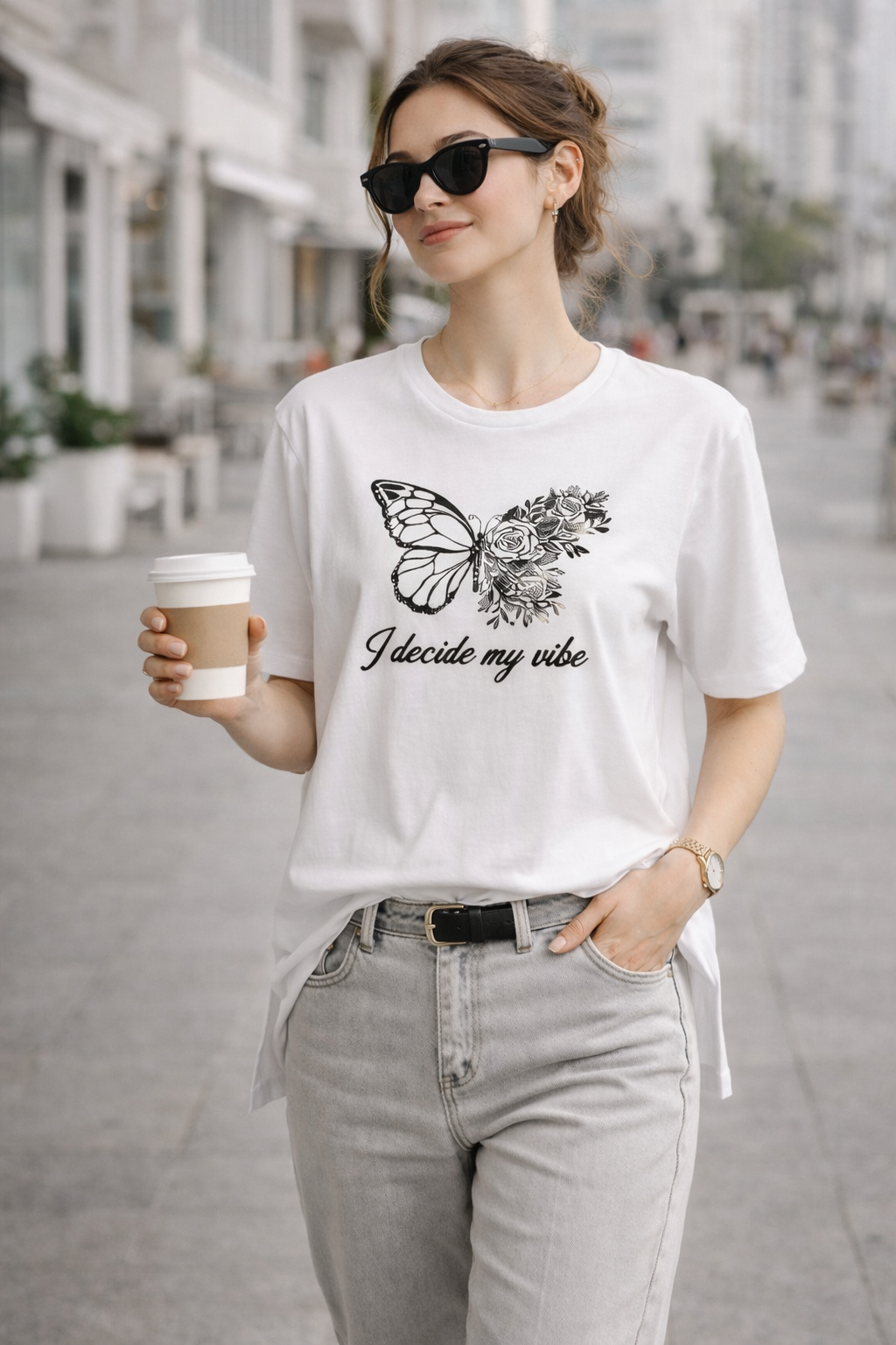 Kadın Regular Baskılı Beyaz Tişört Pamuklu Rahat Kesim Günlük Şık T-Shirt