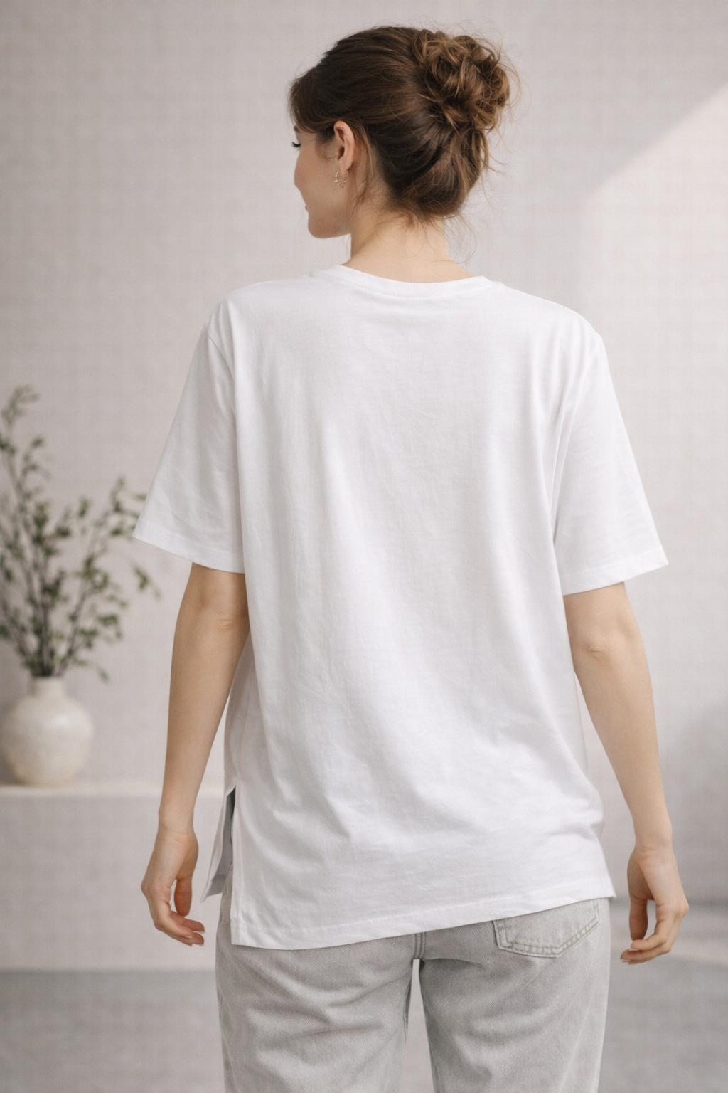 Kadın Regular Baskılı Beyaz Tişört Pamuklu Rahat Kesim Günlük Şık T-Shirt