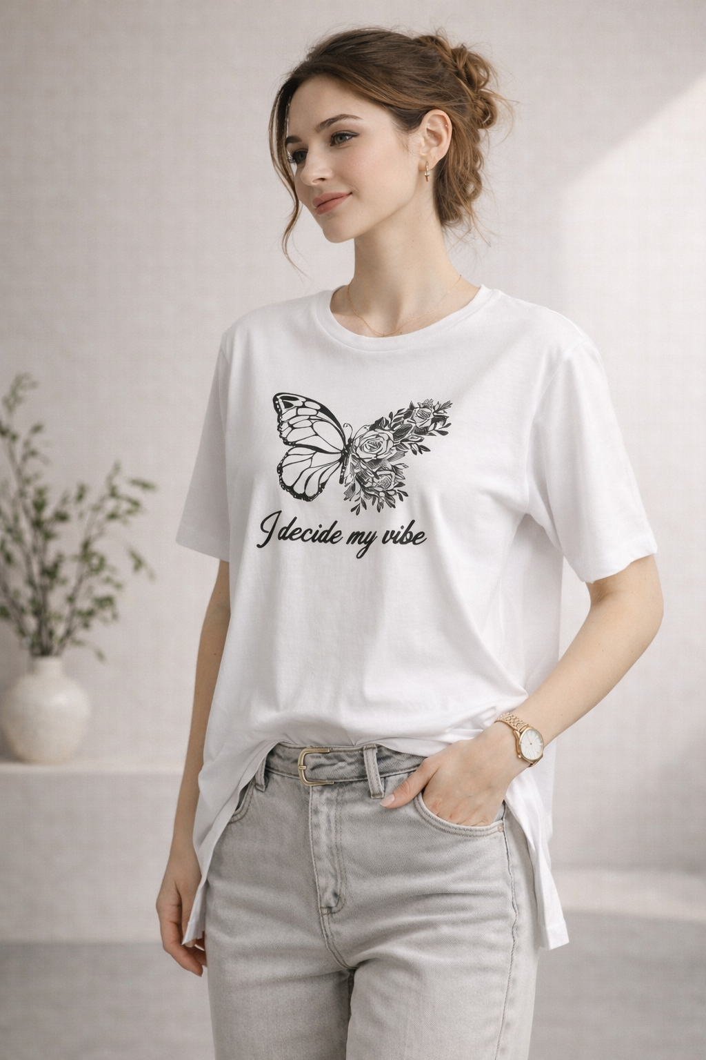 Kadın Regular Baskılı Beyaz Tişört Pamuklu Rahat Kesim Günlük Şık T-Shirt