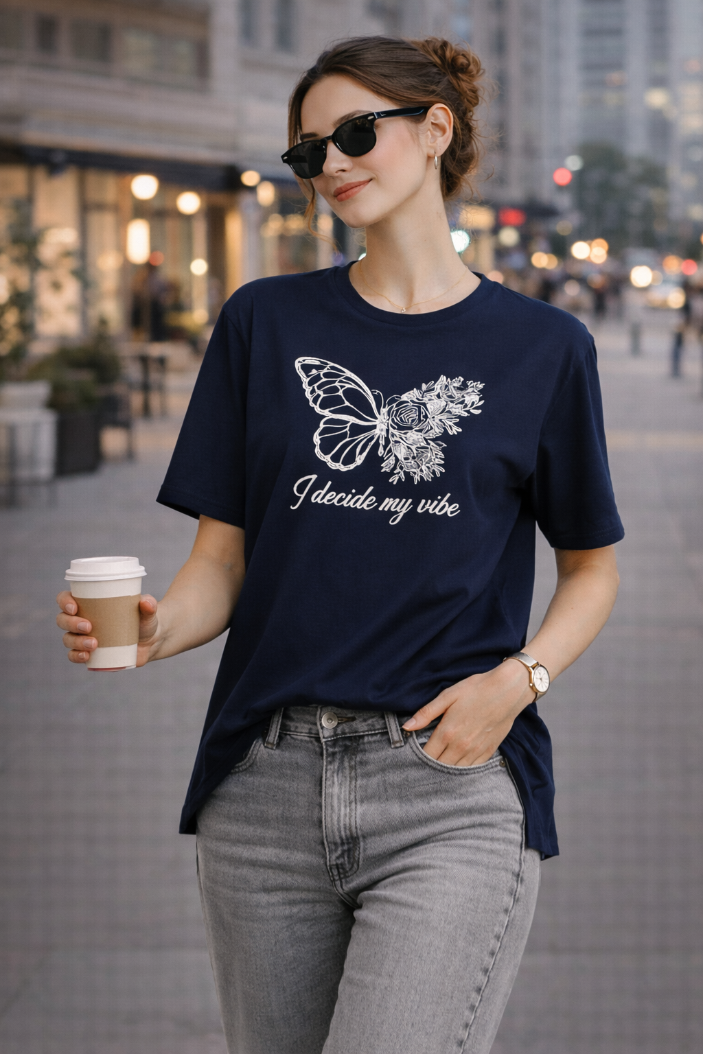 Kadın Regular Baskılı Lacivert Tişört Pamuklu Rahat Kesim Günlük Şık T-Shirt