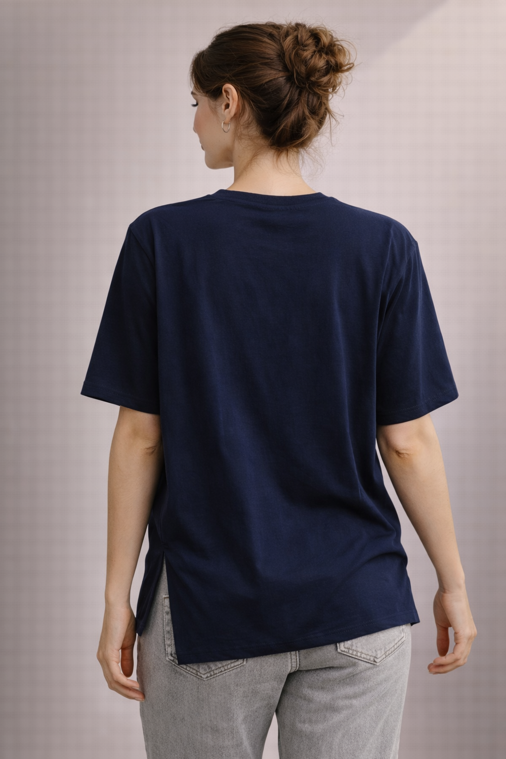 Kadın Regular Baskılı Lacivert Tişört Pamuklu Rahat Kesim Günlük Şık T-Shirt