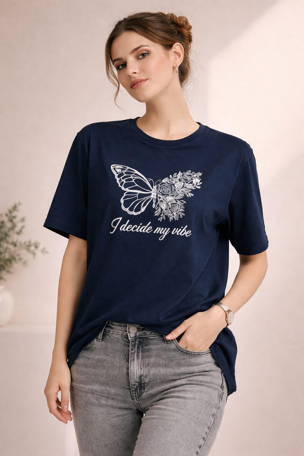 Kadın Regular Baskılı Lacivert Tişört Pamuklu Rahat Kesim Günlük Şık T-Shirt