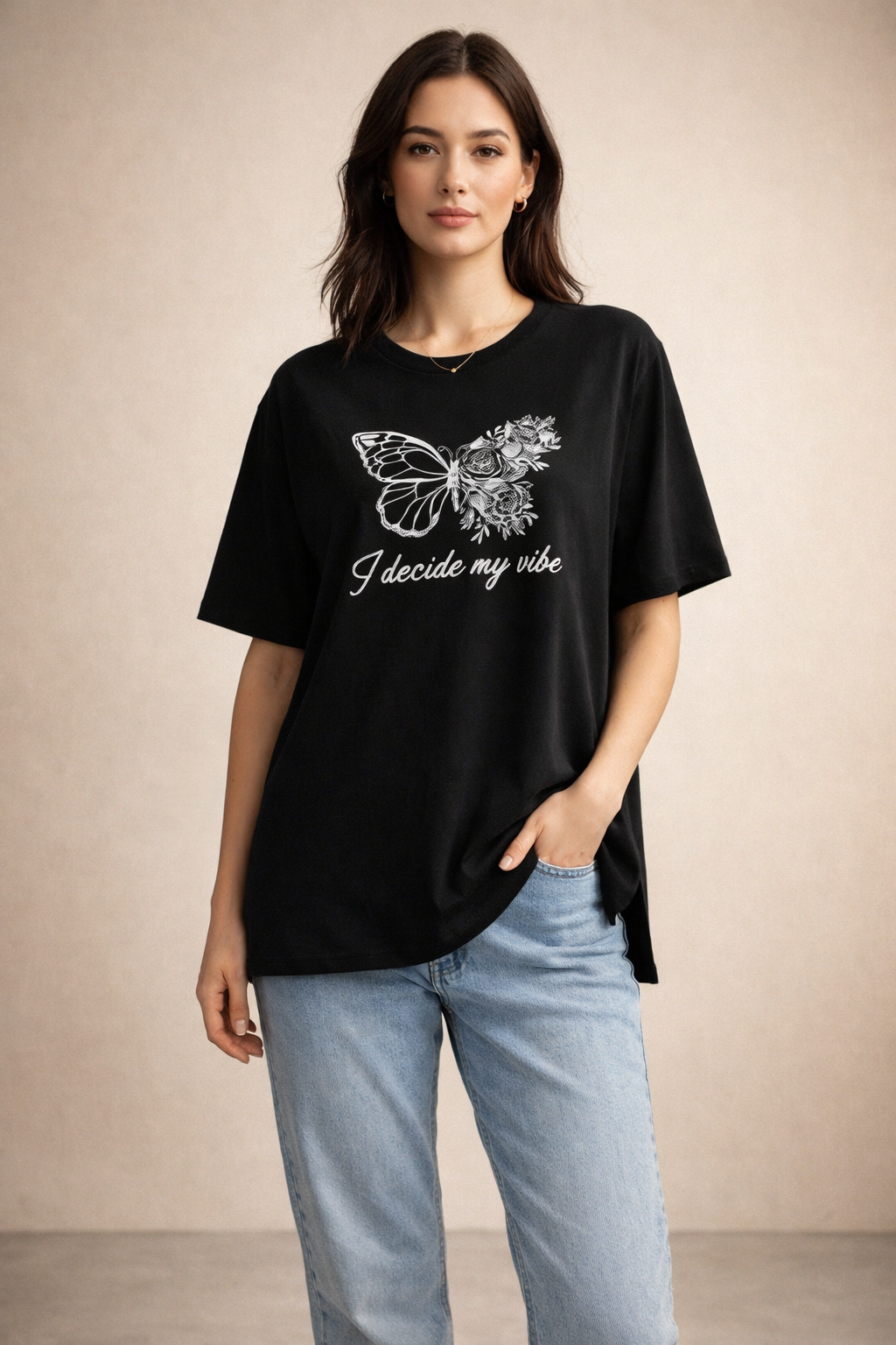 Kadın Regular Baskılı Siyah Tişört Pamuklu Rahat Kesim Günlük Şık T-Shirt