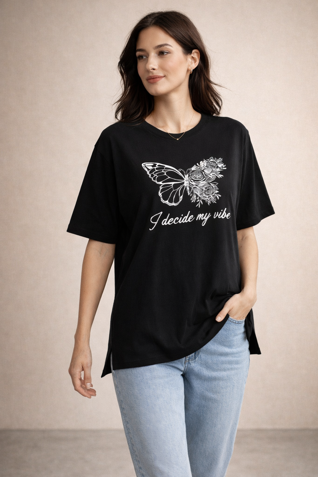 Kadın Regular Baskılı Siyah Tişört Pamuklu Rahat Kesim Günlük Şık T-Shirt