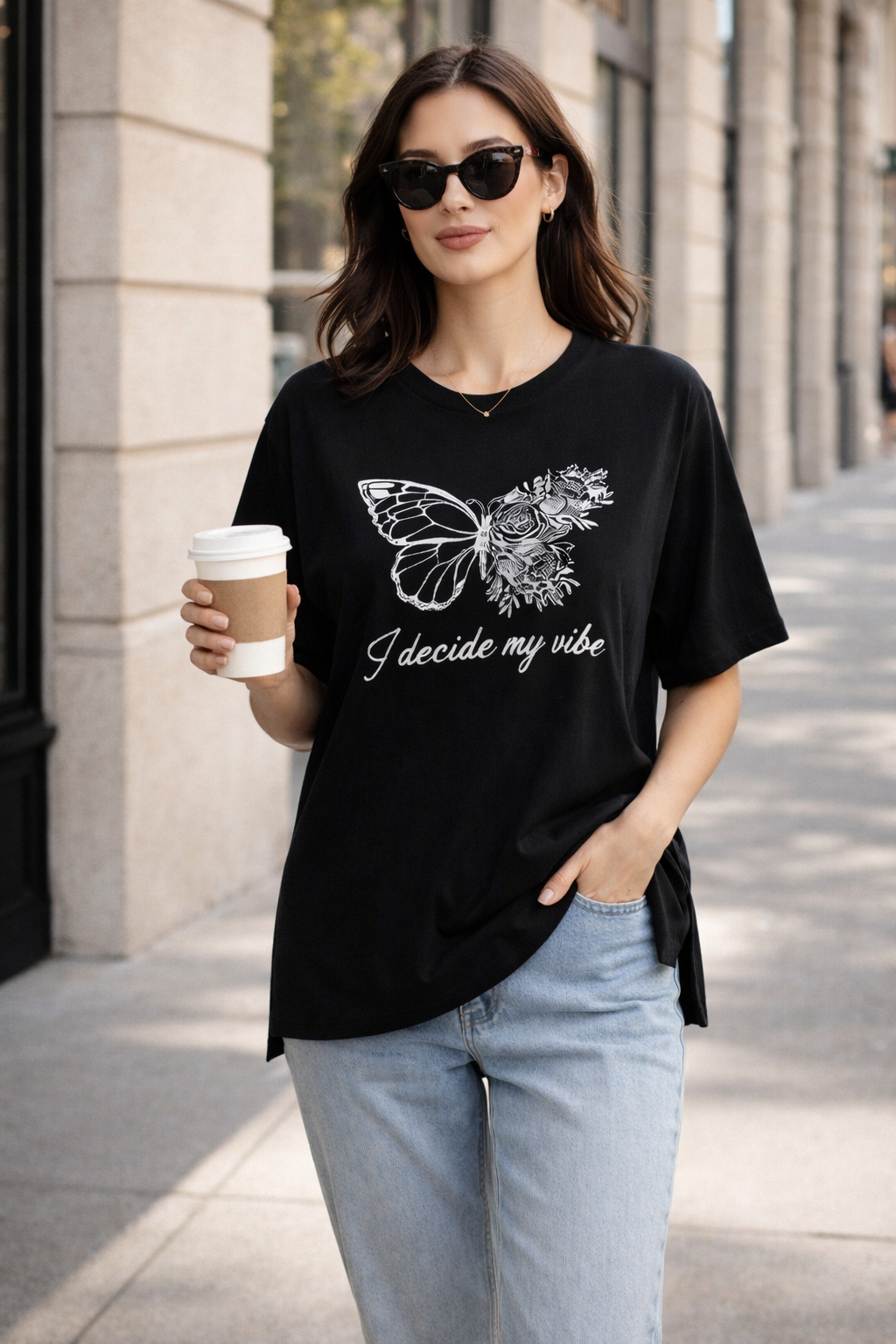 Kadın Regular Baskılı Siyah Tişört Pamuklu Rahat Kesim Günlük Şık T-Shirt
