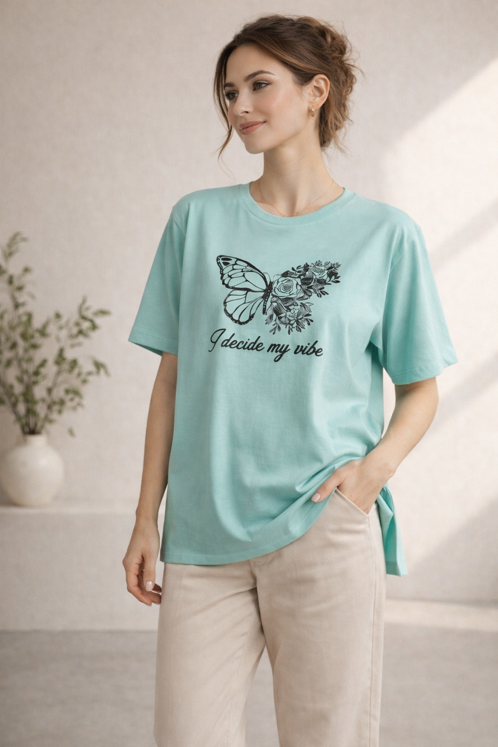 Kadın Regular Baskılı Turkuaz Tişört Pamuklu Rahat Kesim Günlük Şık T-Shirt
