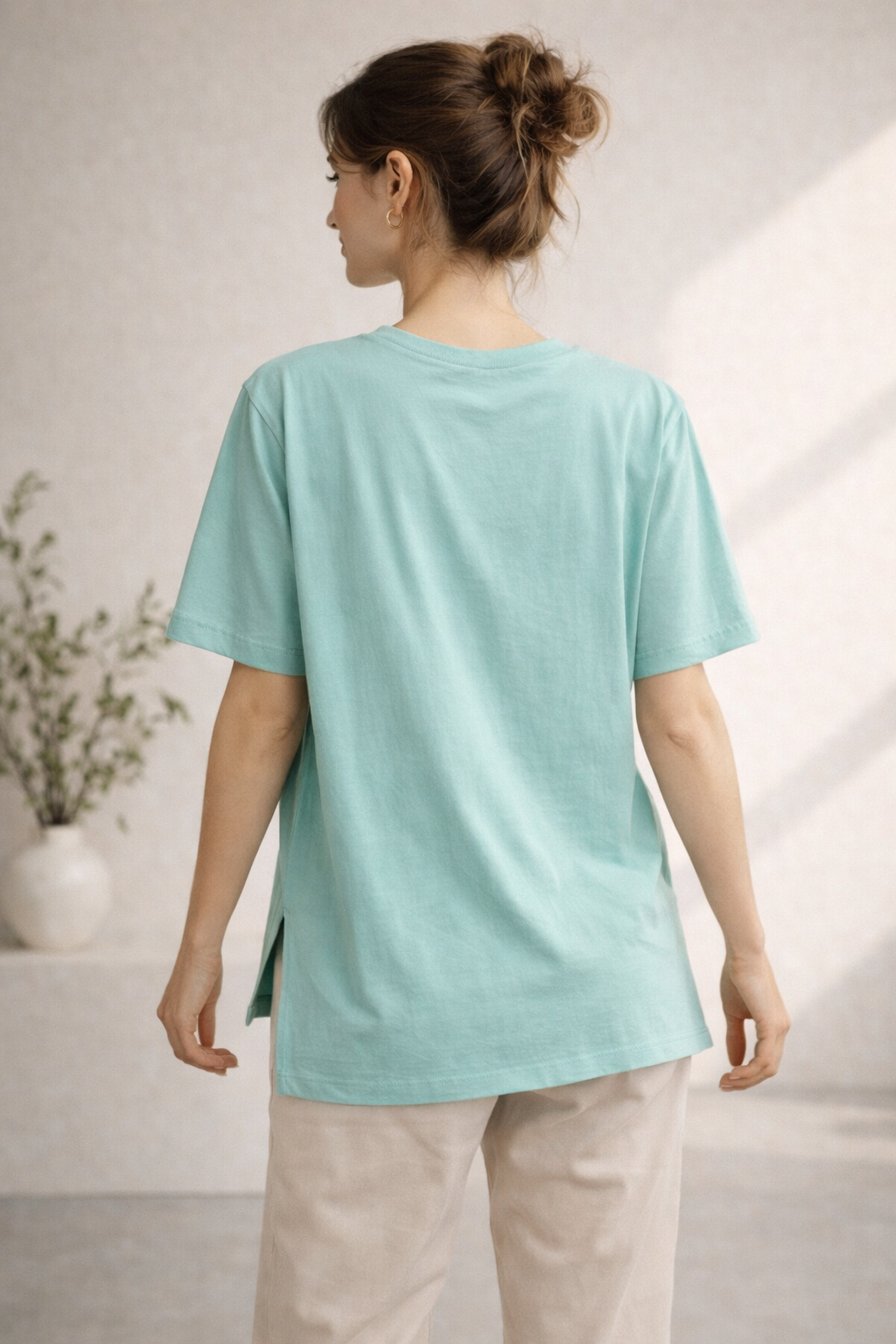 Kadın Regular Baskılı Turkuaz Tişört Pamuklu Rahat Kesim Günlük Şık T-Shirt