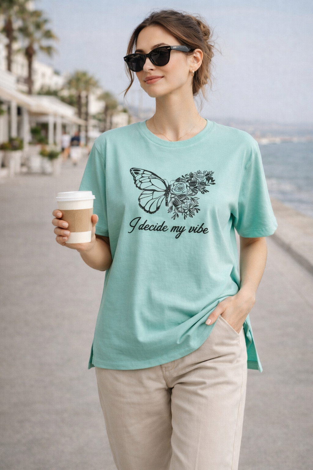 Kadın Regular Baskılı Turkuaz Tişört Pamuklu Rahat Kesim Günlük Şık T-Shirt