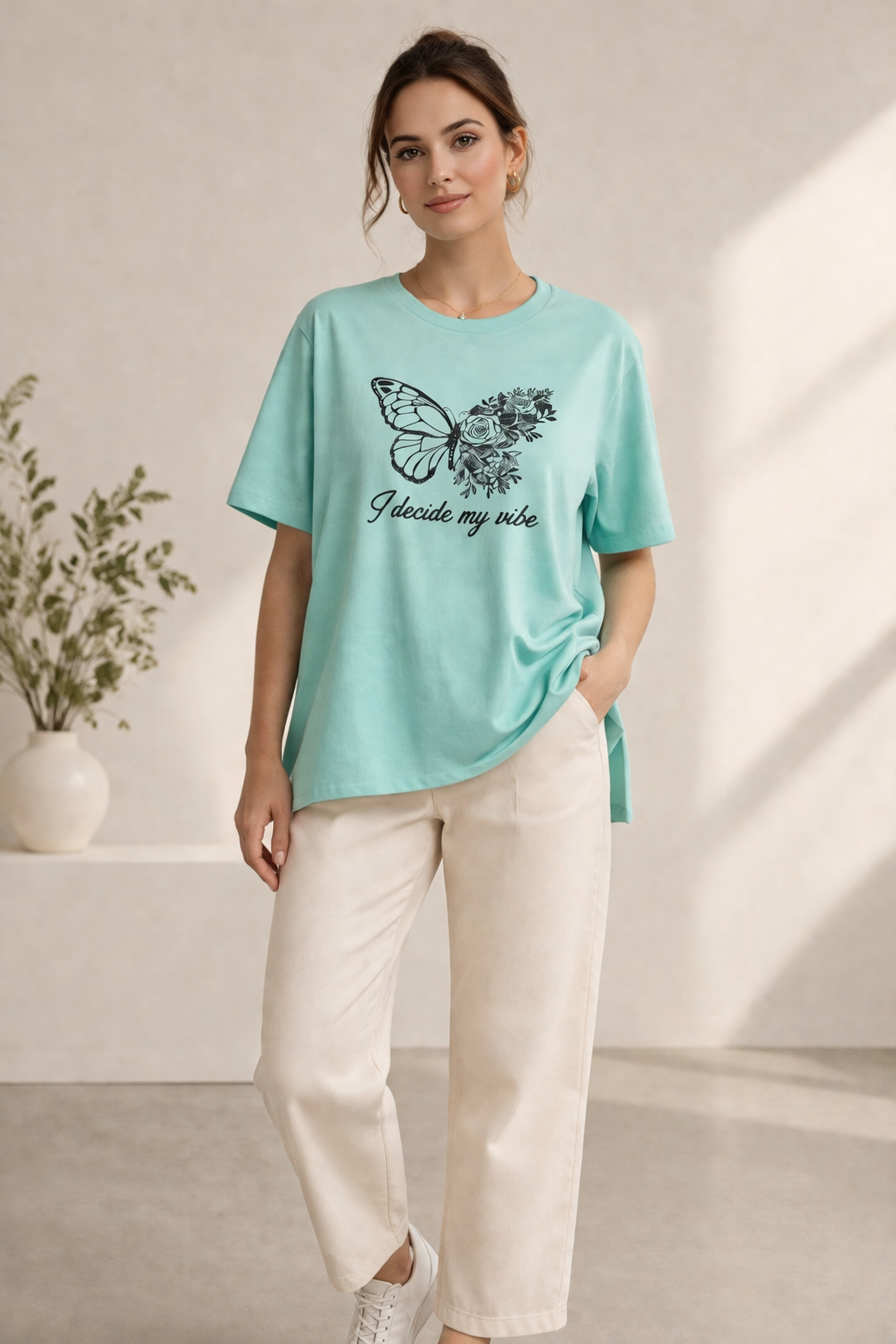 Kadın Regular Baskılı Turkuaz Tişört Pamuklu Rahat Kesim Günlük Şık T-Shirt