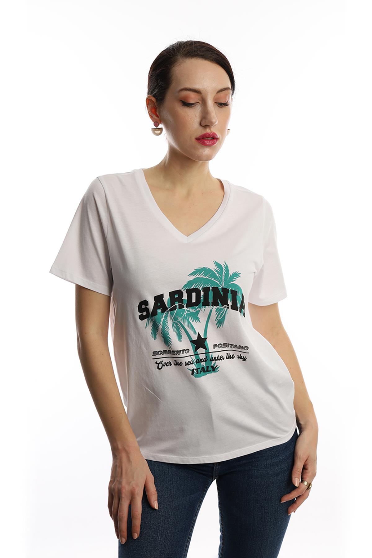 Kadın V Yaka Sardinia Baskılı Regular Fit Tişört Beyaz