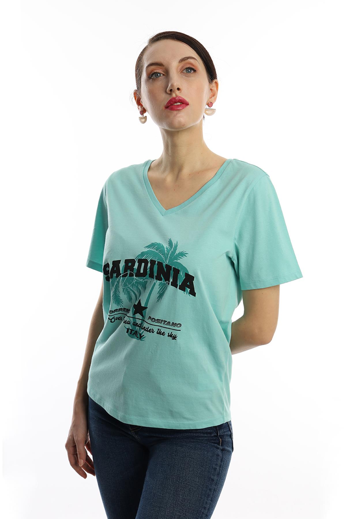 Kadın V Yaka Sardinia Baskılı Regular Fit Tişört Turkuaz