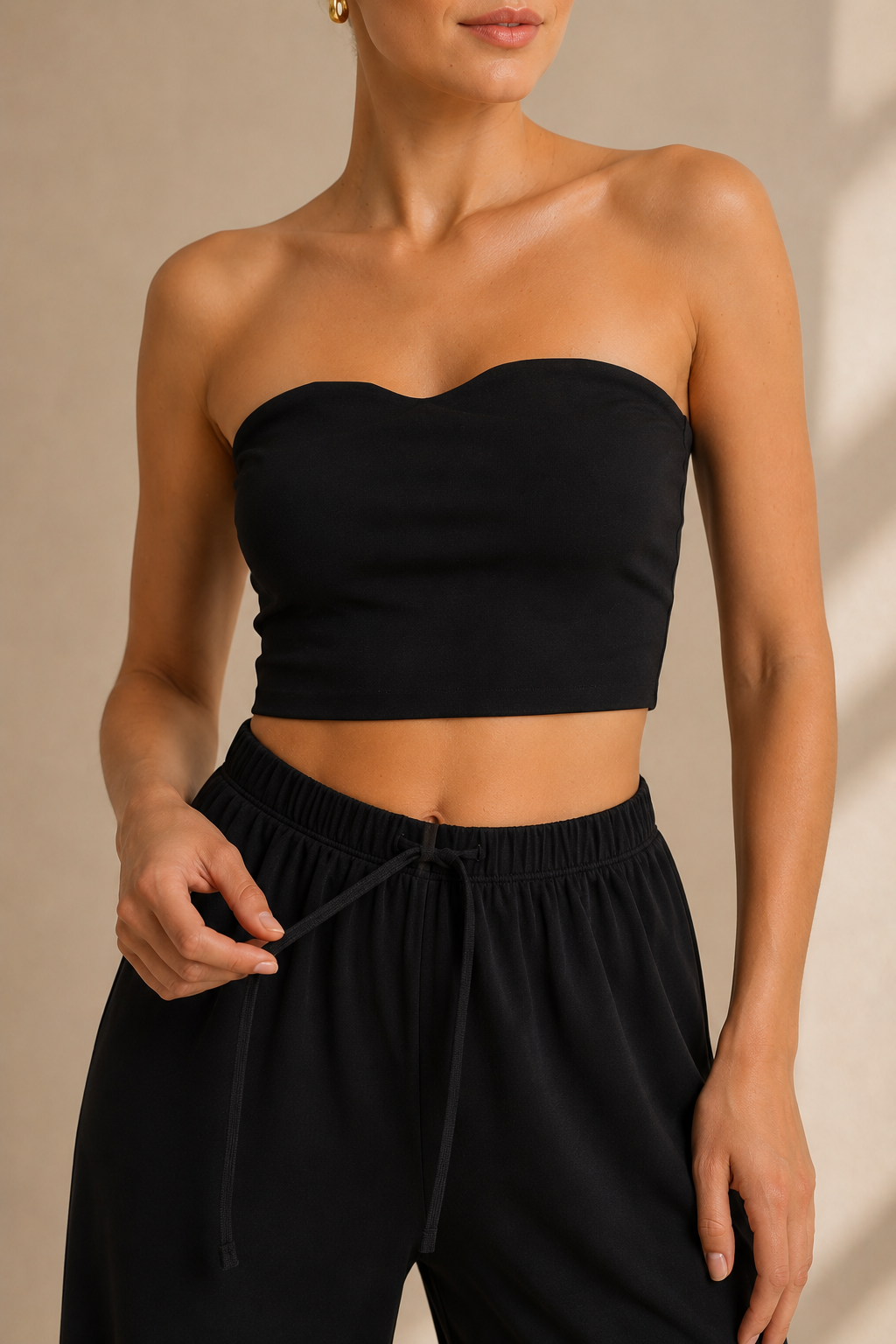 Kadın Siyah Straplez Crop Üst Bol Paça Pantolon Takım