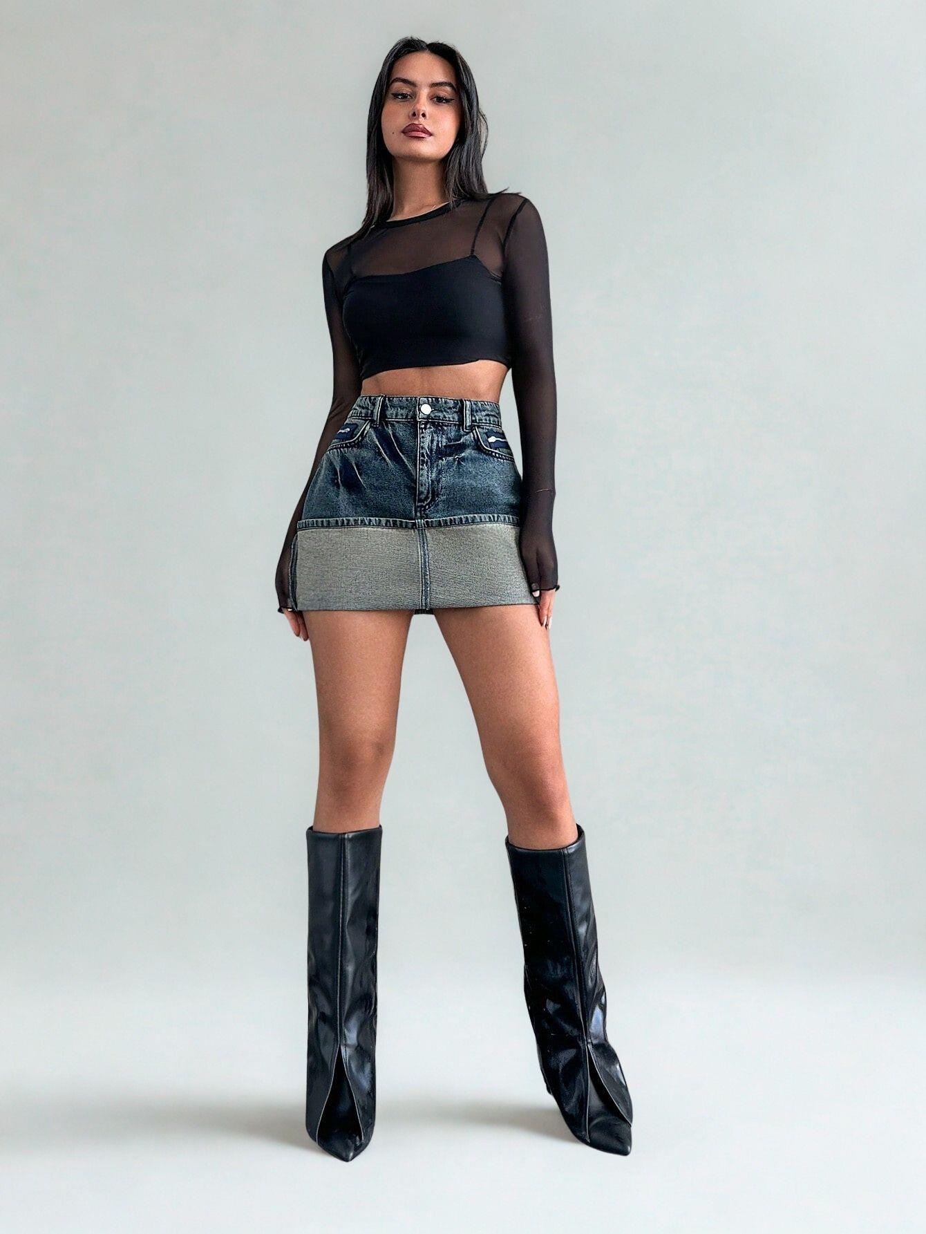 Kadın Slim Fit Cepli Mini Kot Etek Mavi