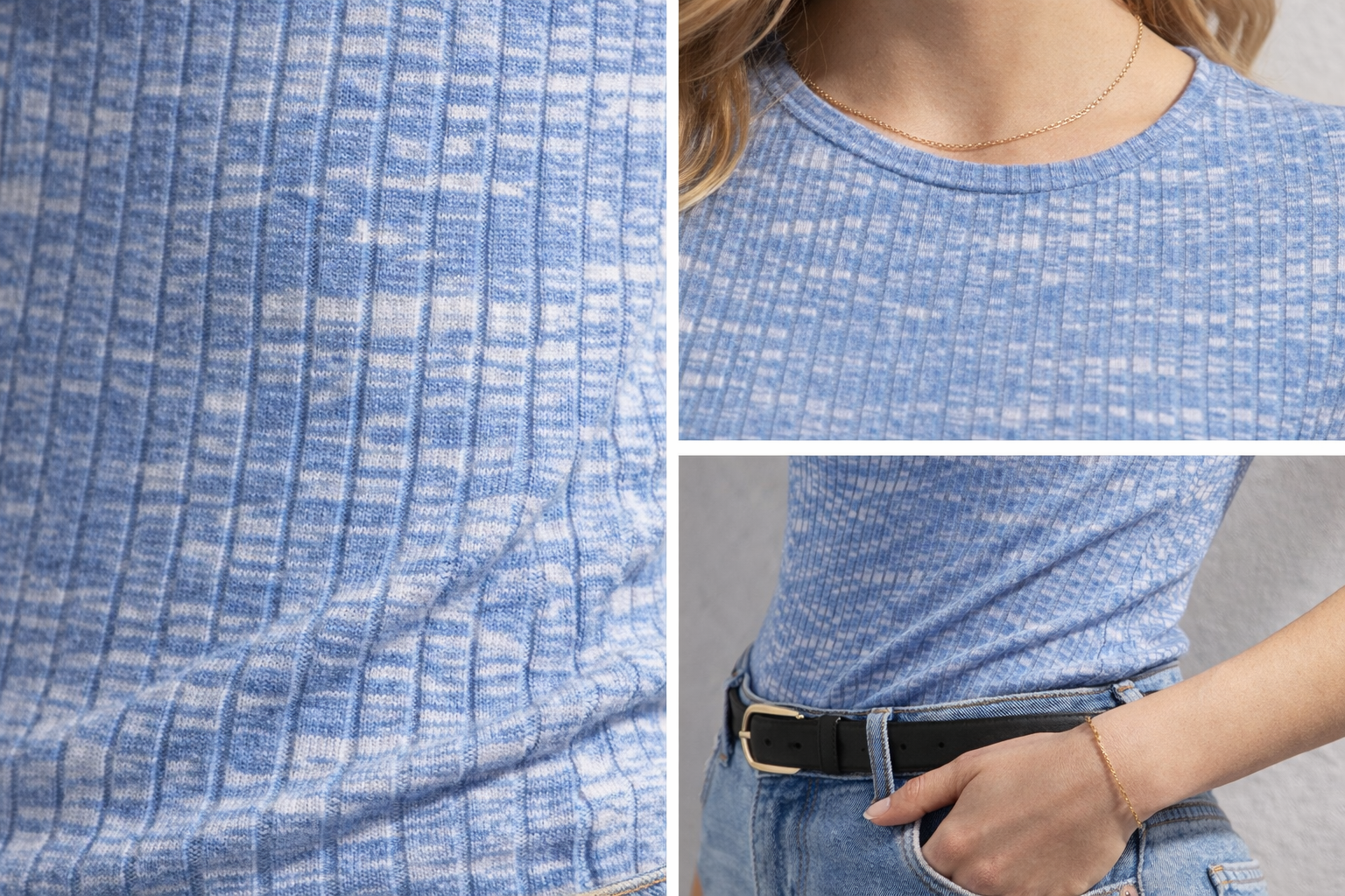Kadın Slim Fit Dokulu Fitilli Kısa Kollu Tişört Mavi