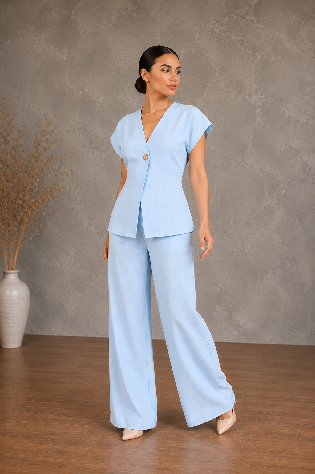 Kadın Tek Düğmeli Beli Bağlamalı Keten Görünümlü Geniş Paça Pantolonlu İkili Takım - Mavi