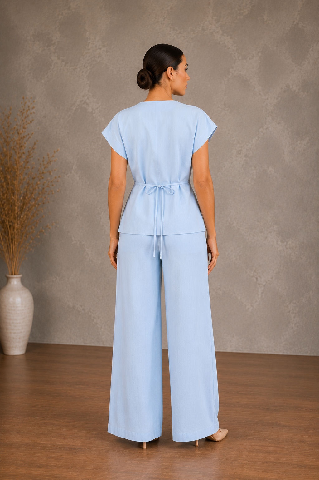 Kadın Tek Düğmeli Beli Bağlamalı Keten Görünümlü Geniş Paça Pantolonlu İkili Takım - Mavi