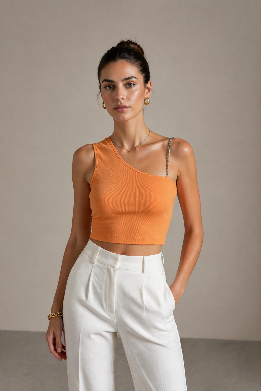 Kadın Tek Omuz Zincir Askılı Fitilli Crop Bluz Turuncu